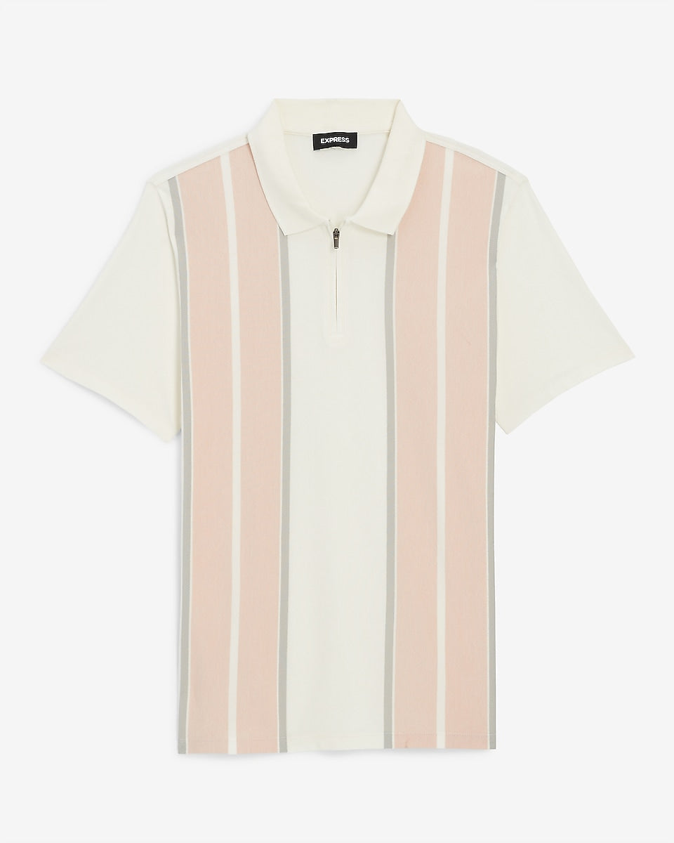 Express Men | Striped Luxe Pique Zip Polo in Ivory | Express Style Trial