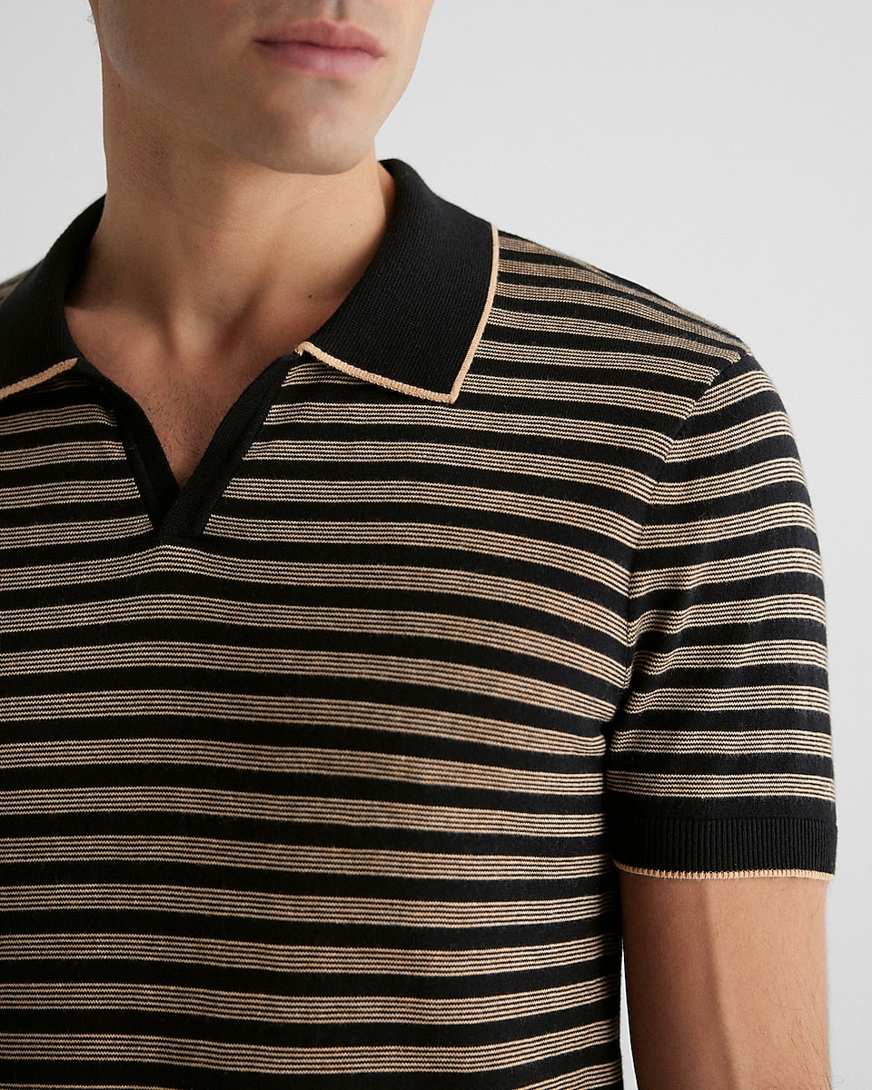 Express Men | Striped Johnny Collar Sweater Polo in Pitch Black ...