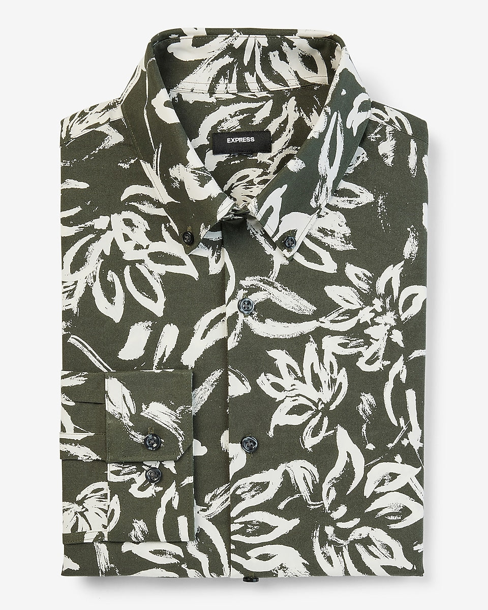 Express Men | Slim Floral Print Stretch 1Mx Dress Shirt in Olive Green ...