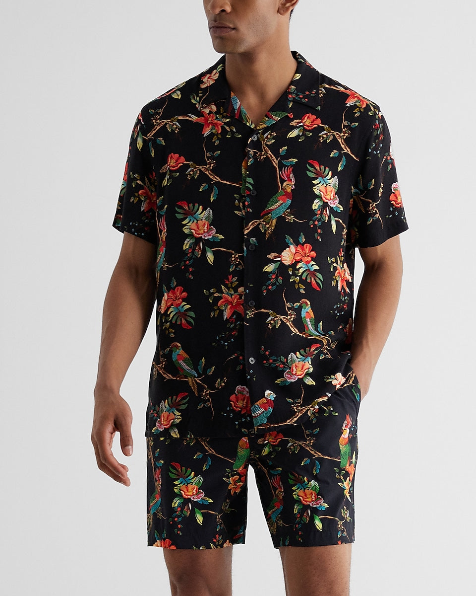 Express Men | Parrot Print Rayon Short Sleeve Shirt in Jet Black ...