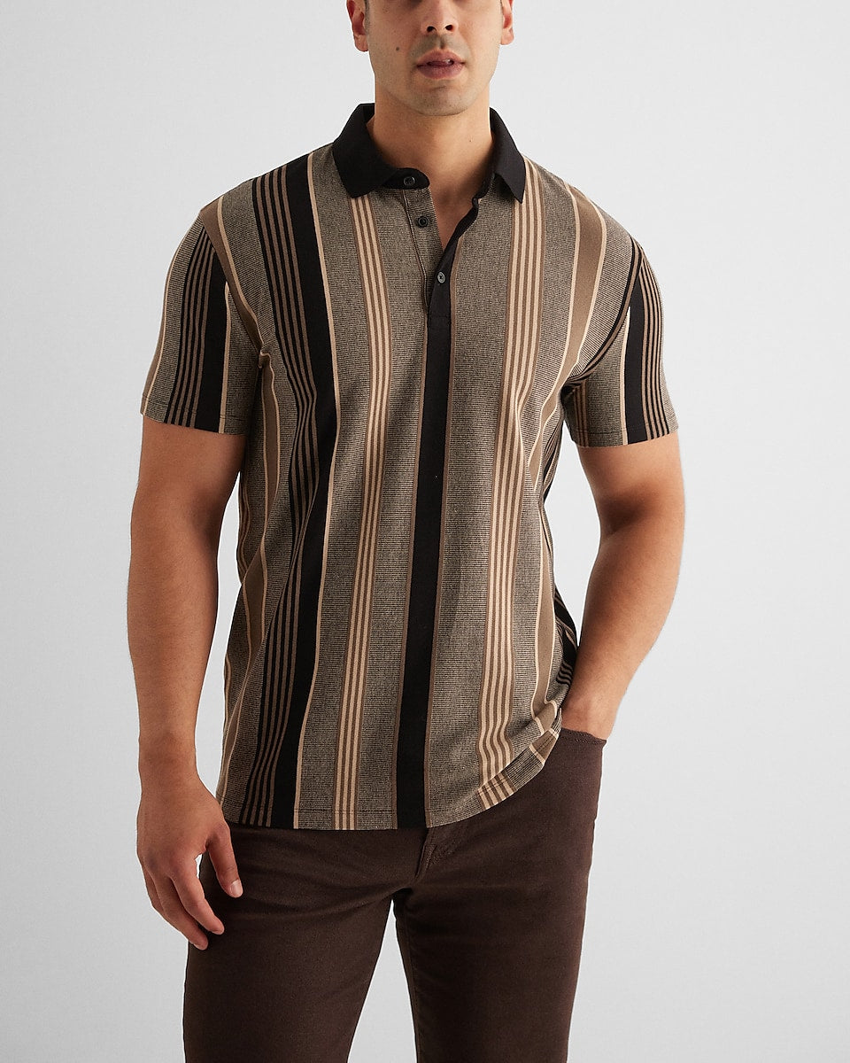 Express Men | Striped Luxe Pique Polo in Beige | Express Style Trial