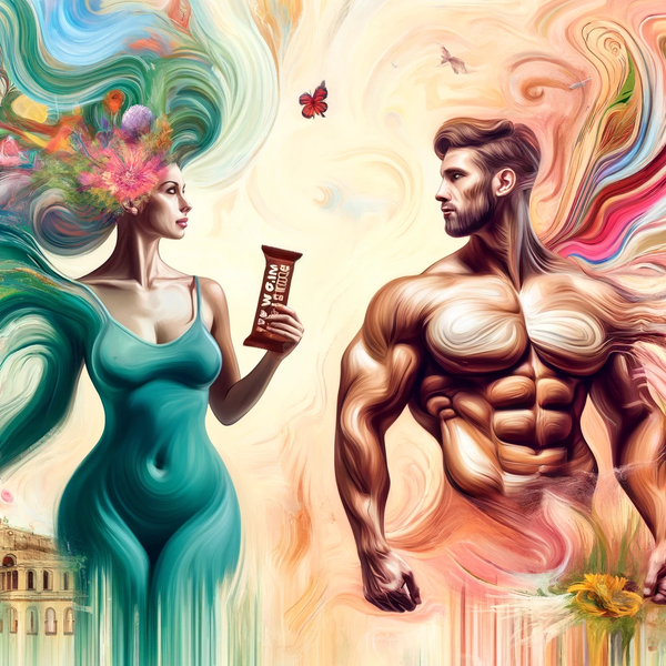 Healthy Maltese man and woman showcasing a vegan protein bar in a stylized setting