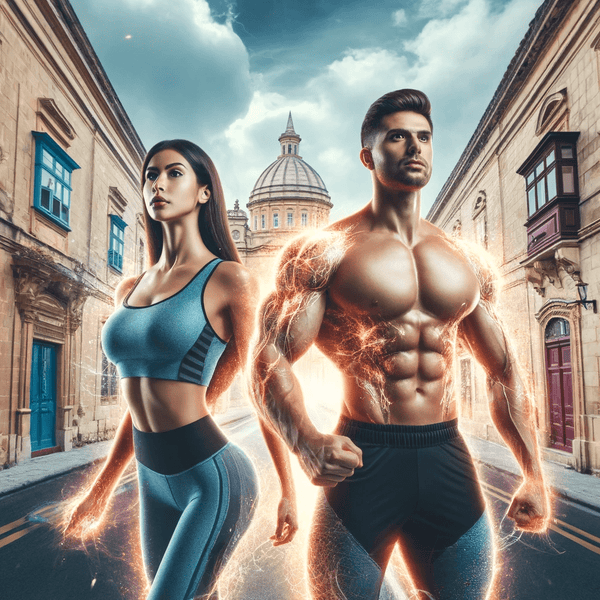 image set in a Maltese background, featuring a fit Maltese woman and man in a square format, enhanced with dynamic energy effects.