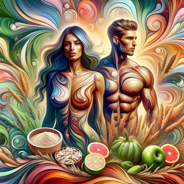 Artistic image of a fit Maltese couple with vegan protein, surrounded by abstract nature