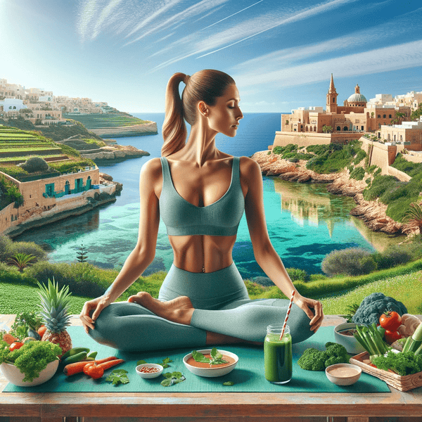 Fit woman detoxing in a beautifully serene Maltese setting. Whether she's practicing yoga or enjoying a detox smoothie in Malta.