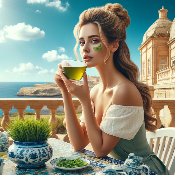 Here is the image that captures the essence of green tea through the lens of Maltese culture, with a beautiful Maltese woman enjoying her tea.