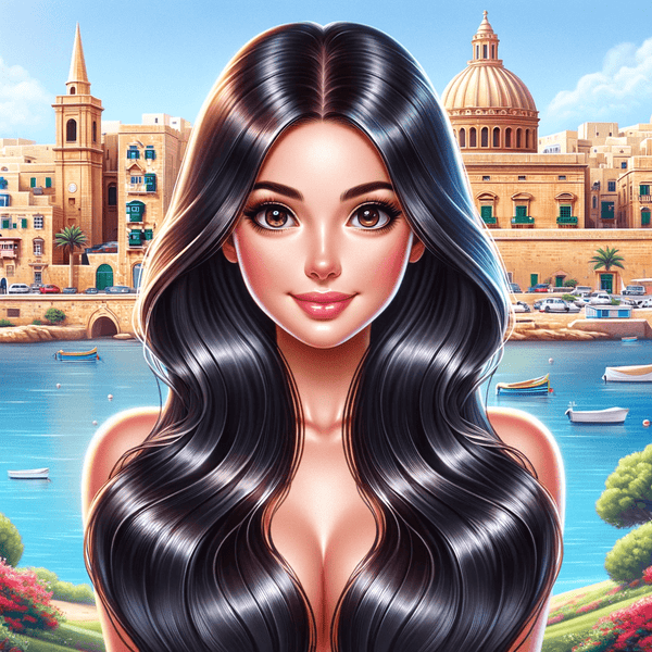 Beautiful Maltese woman with shiny, long dark hair in Malta, ideal for promoting hair care products targeting healthy, radiant locks.