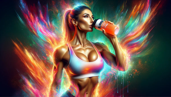 Fit Maltese woman drinking a sports drink with vibrant, energetic aura.