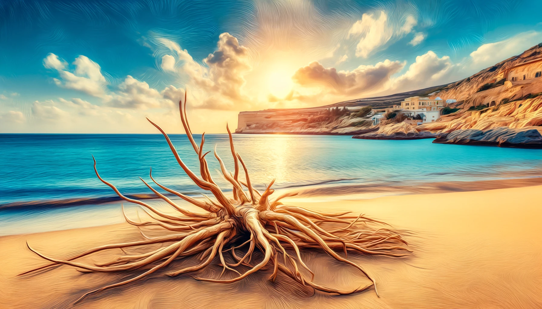 Ashwagandha roots on a serene Maltese beach at sunset, highlighting wellness benefits and natural health solutions in Malta.