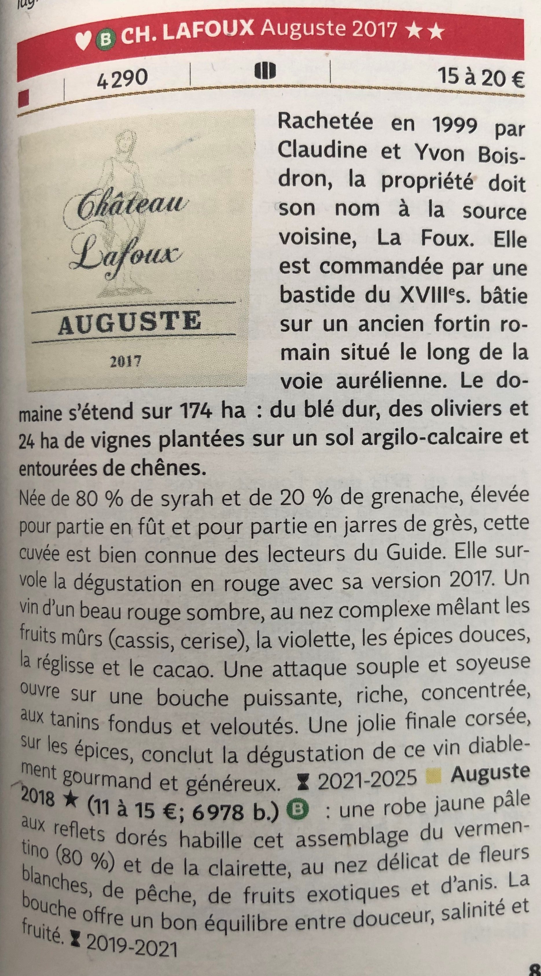 Guide Hachette 2020 sur cuvée Auguste rouge Château Lafoux
