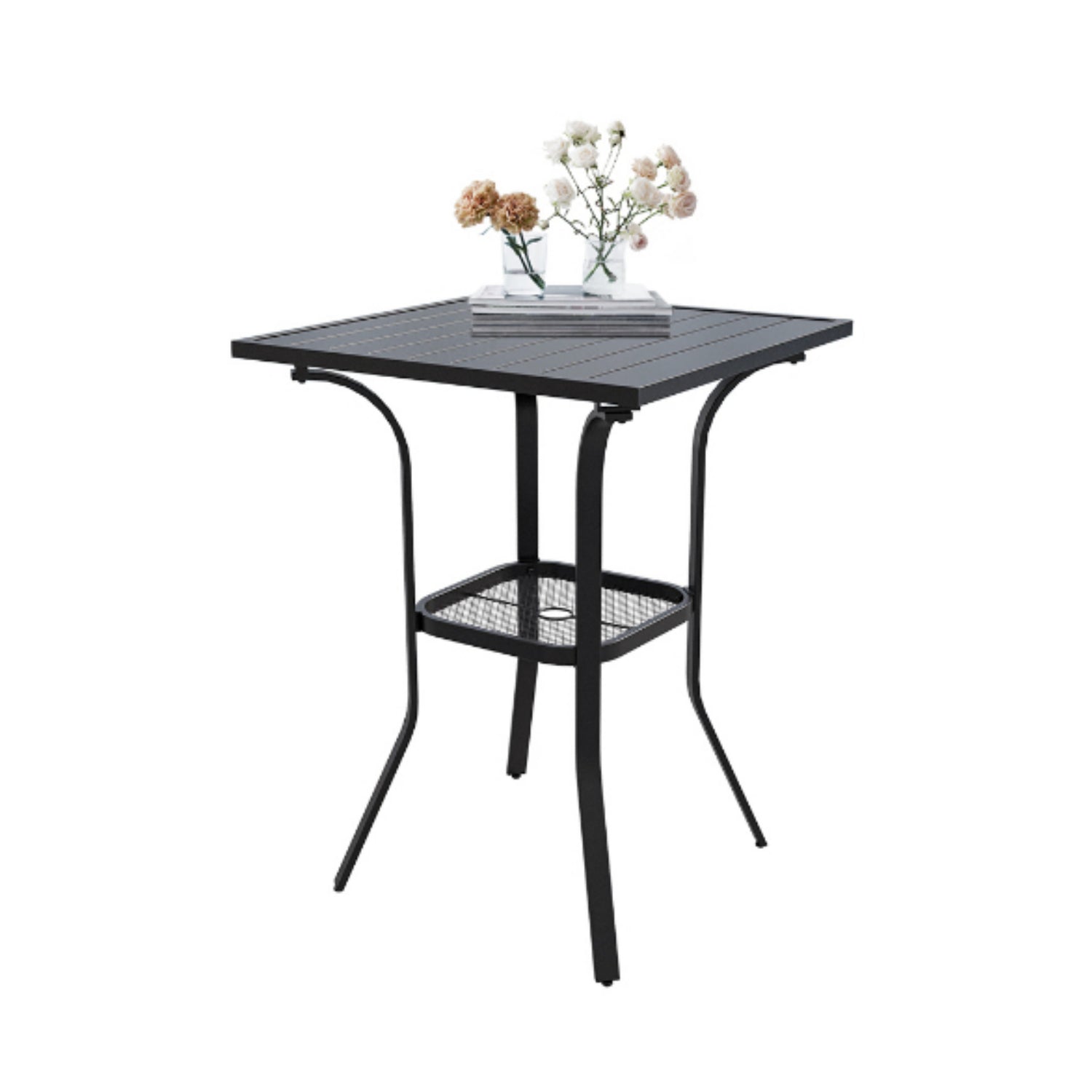 Vicllax Outdoor Bar Table with Umbrella Hole, Patio Square Metal Bar Height Table