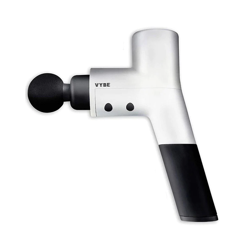 The VYBE Premium Percussion Gun, shown with the settings buttons facing out. Users can choose from traditional massage therapy or deep Swedish massage experiences.