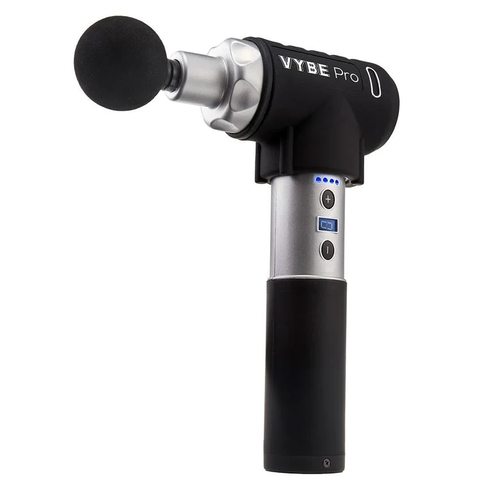 The VYBE Pro Percussion Massage Gun. Two buttons on the side adjust the intensity, allowing users to choose from gentle traditional massage therapy or intense deep-tissue massages.