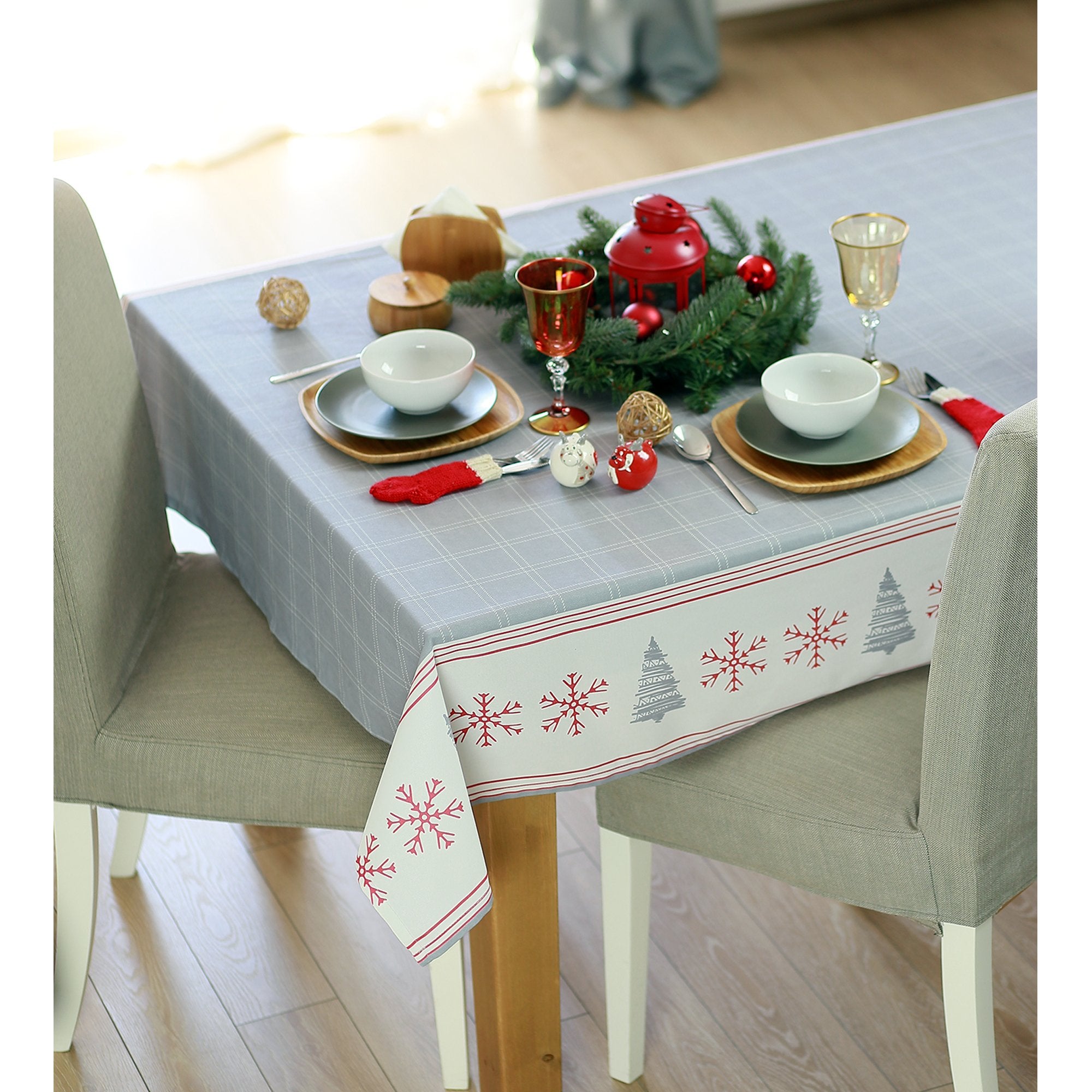 iDaStock.com: 104" Merry Christmas Printed Rectangle Tablecloth in Grey