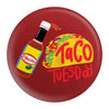 El Yucateco Pin - A red pin with a bottle of red hot sauce next to a delicious taco