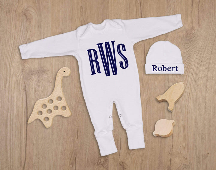 White Sleeper with Navy Blue Monogram. Baby Boy Coming Home Outfit - La Maison du Monogramme 3-6M / Sleeper & Hat