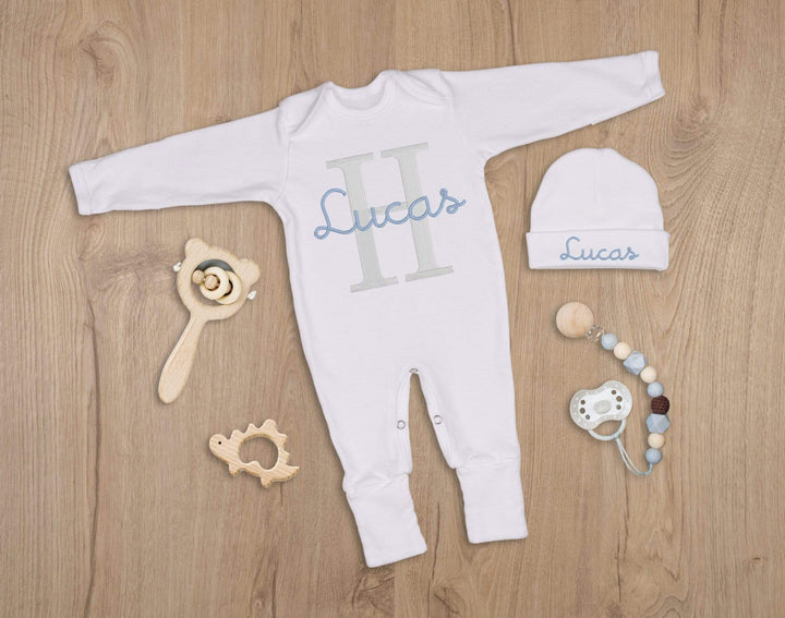 Newborn White Sleeper with Full Name Embroidery. Baby Boy Coming Outfit - La Maison du Monogramme