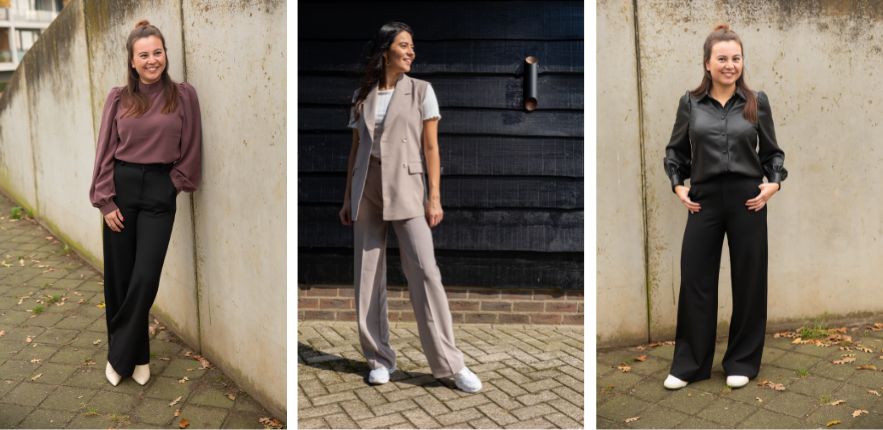 Trousers are back on the streets and we mainly see the wide variant with a high waist. You can wear the wide trousers for both business and casual wear. You can see the trousers in many different variants: the well-known black trousers, but also beige and brown trousers, flared trousers, with print