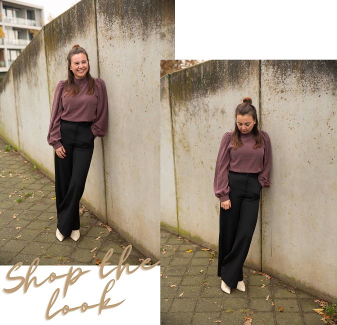 Online Fashion Boutique Aniek I The beautiful burgundy red sustainable blouse from the mbyM brand has puffed sleeves and a button closure at the back. Combine the blouse with the black Gennie Trousers from the mbyM brand. The black trousers have flared legs and side pockets. The pants close with a zipper.