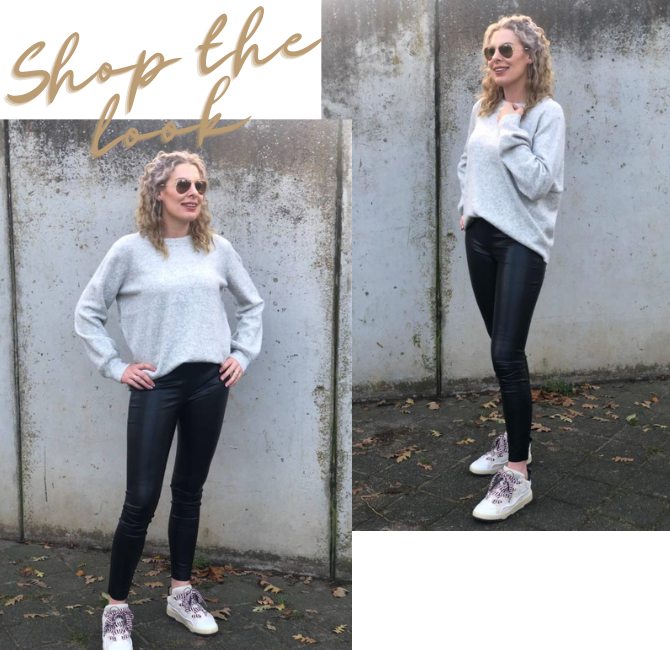 Online Fashion Boutique Aniek I The black vegan leather leggings are one of our most worn trousers. Because the pants fit wonderfully, are super stylish and are also easy to combine. Such as with the gray knitted sweater from the mbyM brand.