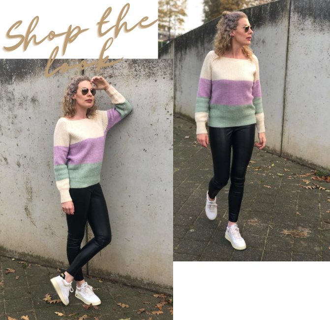 Online Fashion Boutique Aniek I The black vegan leather leggings are one of our most worn trousers. Because the pants fit wonderfully, are super stylish and are also easy to combine. Like, for example, the striped sweater from FRNCH. The knitted sweater has a square neckline.
