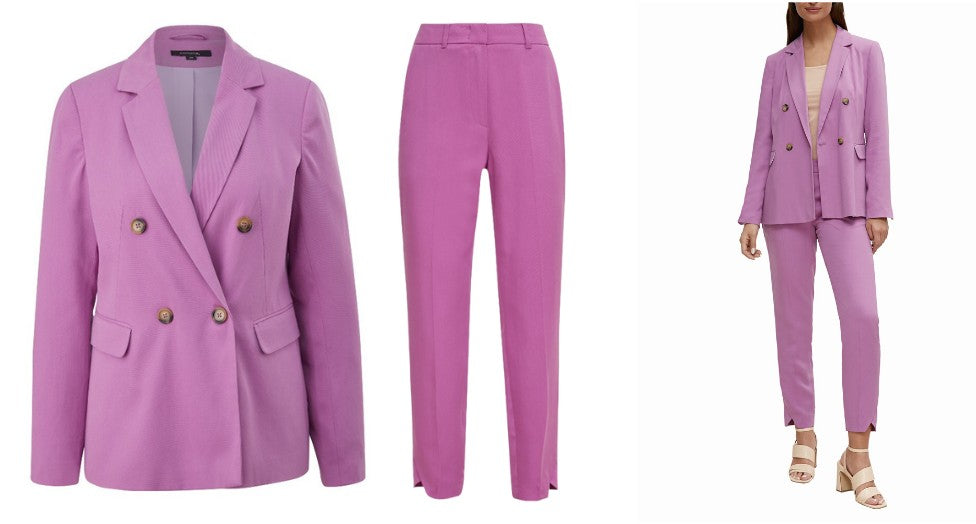 The bright pink women's suit is trending this summer. . The power suit, also known as the co-ord, two-piece or trouser suit, will remain a trend in 2022. We're seeing a lot of women's suits this spring. Such as brightly colored women's suits, denim trouser suits, beige linen suits, classic suits and two-pieces with Bermuda trousers.