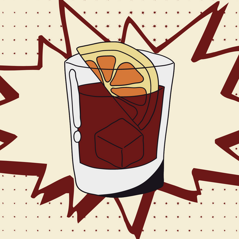 A graphic of a Negroni Cocktail with an orange slice
