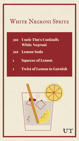 3 ounces of Uncle Tim's Cocktails White Negroni, 3 ounces of Lemon Soda, 1 squeeze of Lemon and 1 twist of lemon to garnish. ID: A beige instagram story post that contains the previously listed recipe and red accents, including a red, white and yellow cocktail graphic.