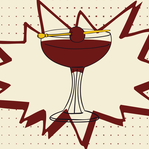 A graphic of a Manhattan Cocktail with a cherry garnish