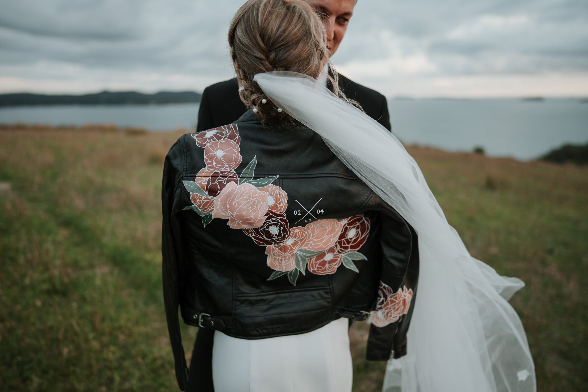 Mandy bridal jacket painted by The Paper Gazelle | Custom wedding jacket | Tawharanui Lodge