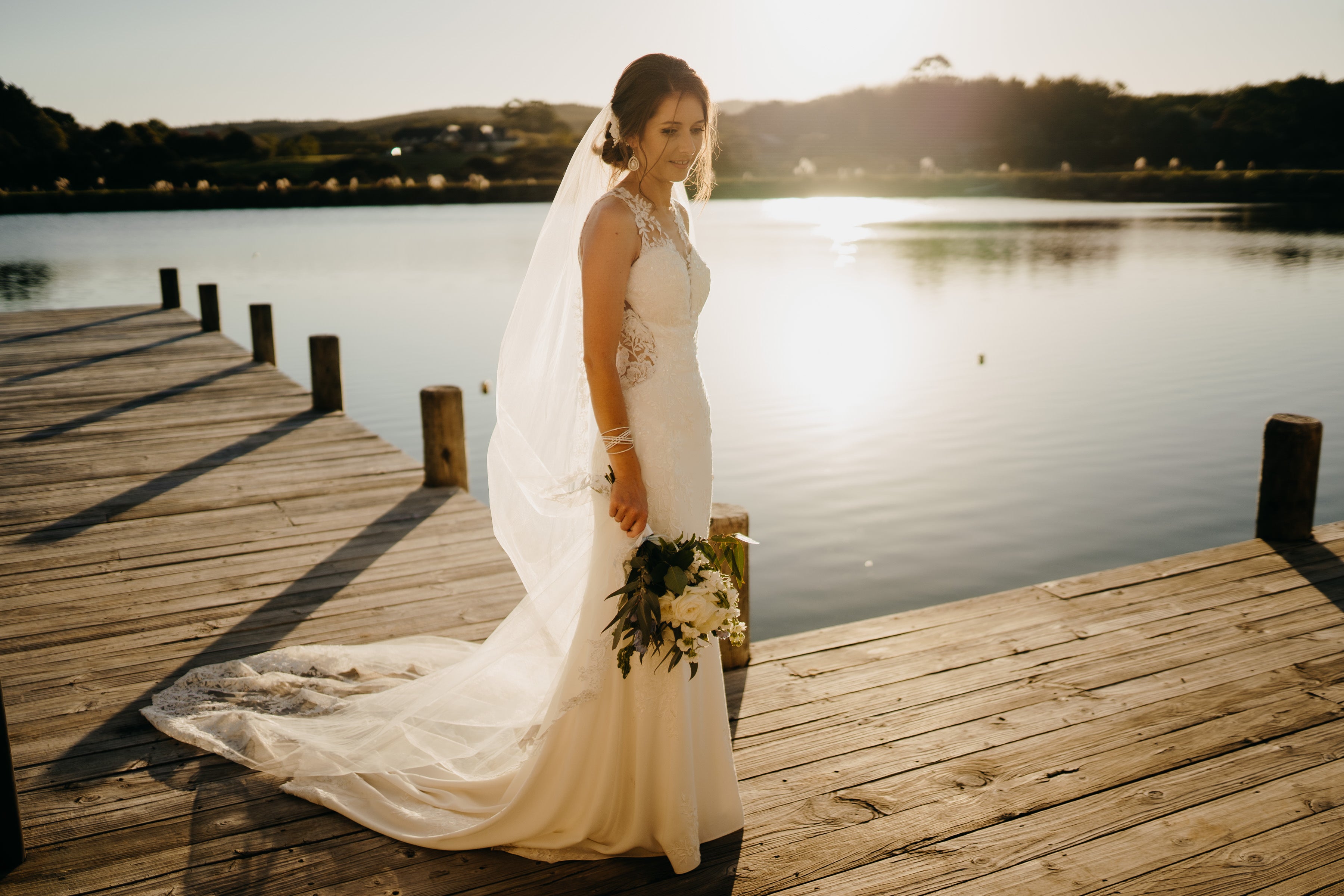 Sarah Wedding Dress on pier | The Boathouse Riverhead | The Paper Gazelle