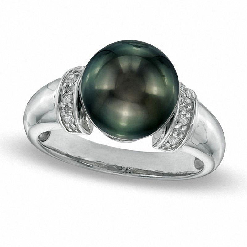 10.0 - 11.0mm Button Black Cultured Tahitian Pearl Collar Ring in Sterling Silver with White Topaz A