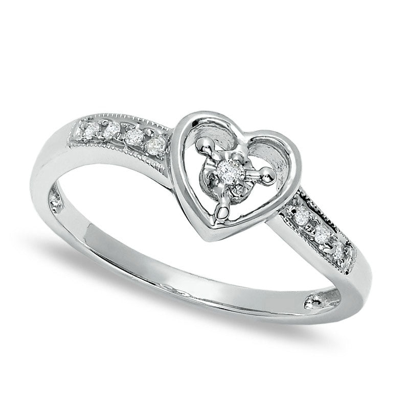 Natural Diamond Accent Heart Ring in Solid 10K White Gold