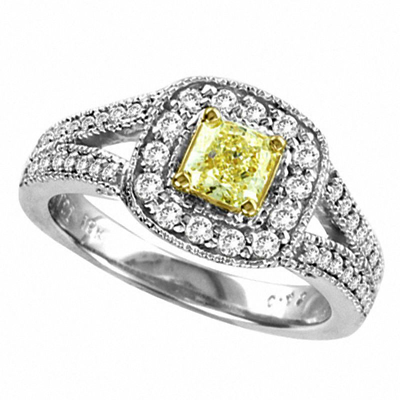 1.0 CT. T.W. Radiant-Cut Natural Fancy Yellow and White Natural Diamond Split Shank Framed Ring in S