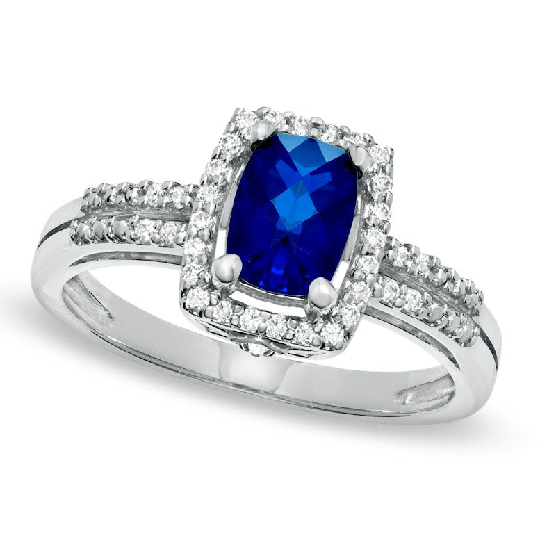 Cushion-Cut Lab-Created Blue and White Sapphire Frame Ring in Sterling Silver