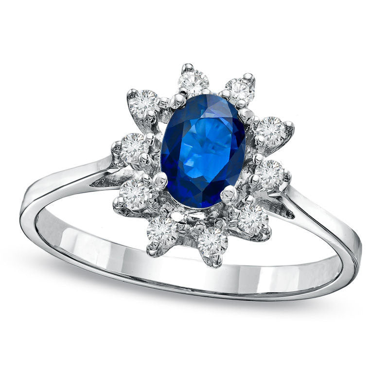 Oval Blue Sapphire and 0.14 CT. T.W. Natural Diamond Frame Engagement Ring in Solid 14K White Gold