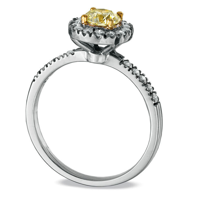 0.88 CT. T.W. Fancy Yellow and White Natural Diamond Frame Engagement Ring in Solid 18K White Gold (