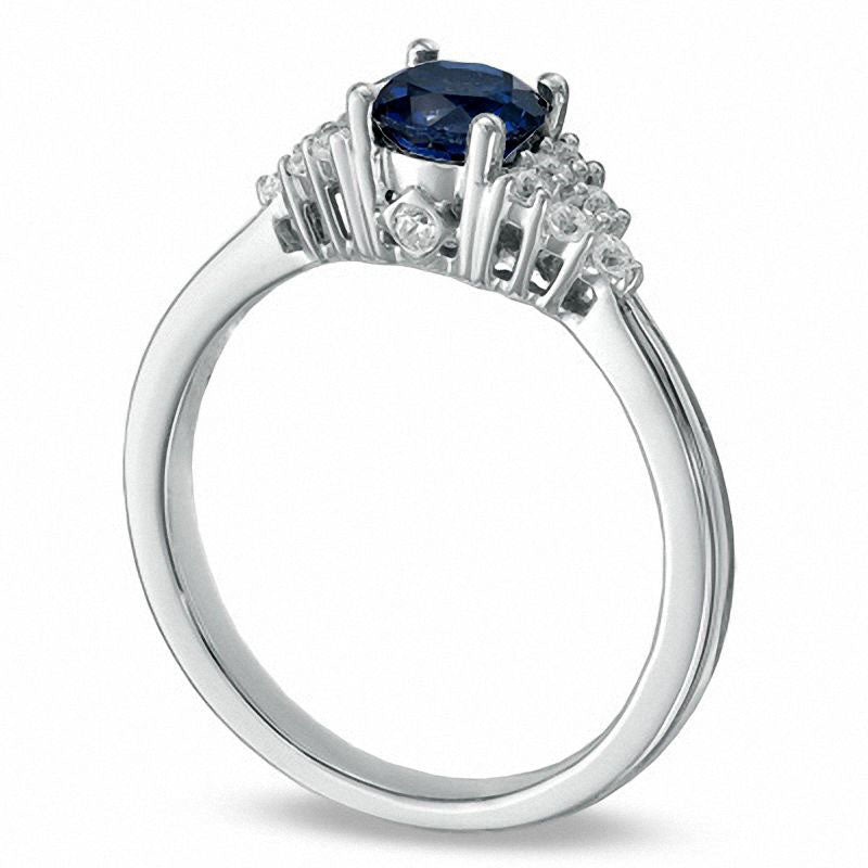 5.5mm Lab-Created Blue Sapphire and 0.14 CT. T.W. Diamond Cluster Engagement Ring in Solid 10K White