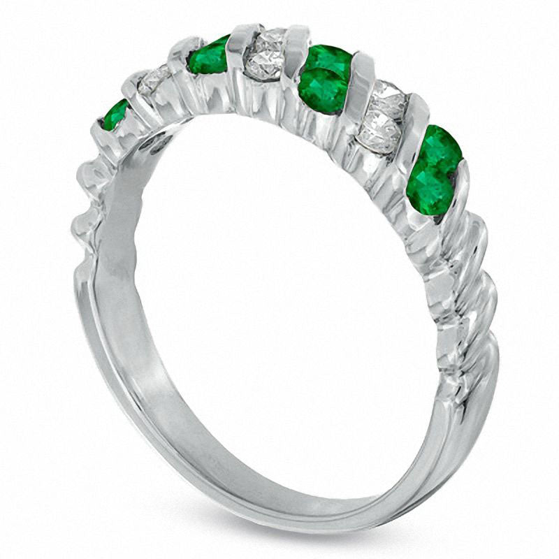 Emerald and 0.25 CT. T.W. Natural Diamond Slant Band in Solid 14K White Gold