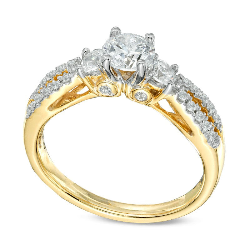 0.63 CT. T.W. Natural Diamond Three Stone Split Shank Engagement Ring in Solid 14K Gold