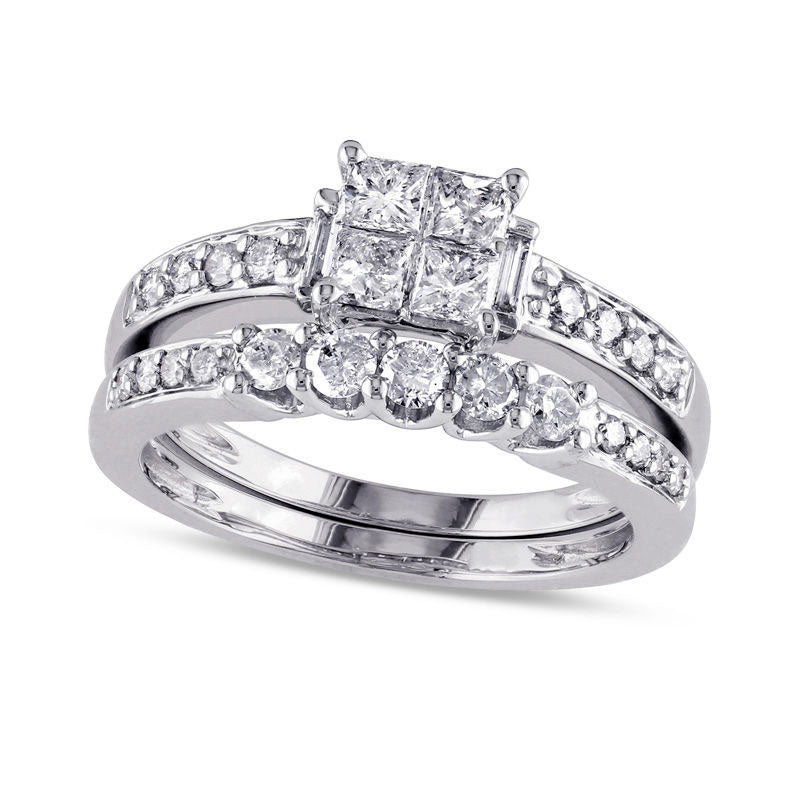 1.0 CT. T.W. Quad Princess-Cut Natural Diamond Bridal Engagement Ring Set in Solid 14K White Gold