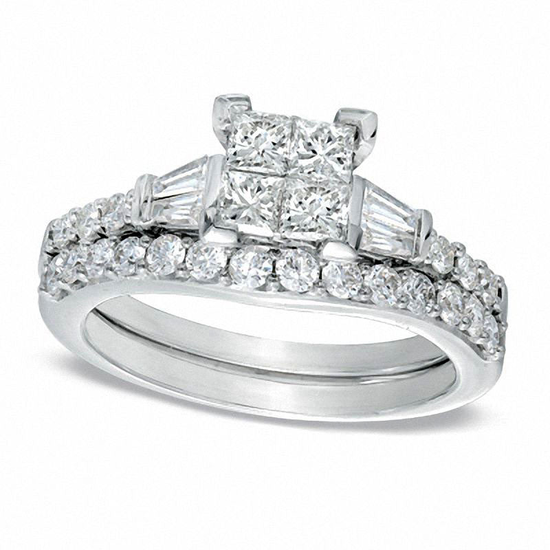 1.25 CT. T.W. Quad Princess-Cut Natural Diamond Bridal Engagement Ring Set in Solid 14K White Gold