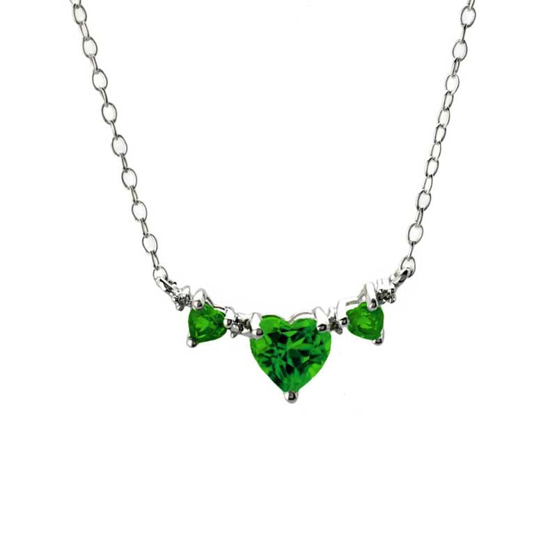 Heart-Shaped Lab-Created Emerald and Diamond Accent Three Stone Necklace in Sterling Silver