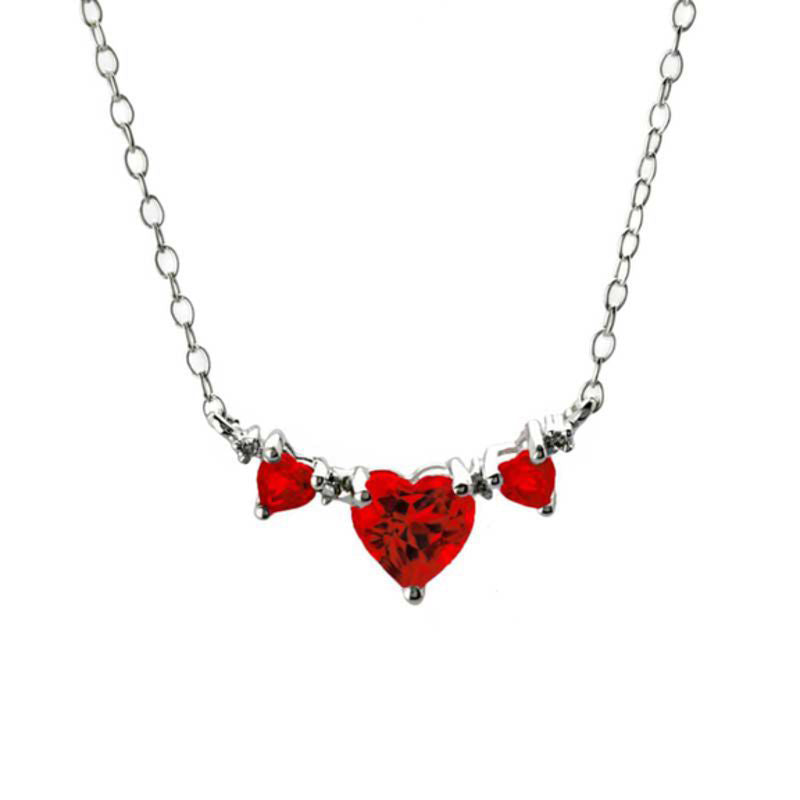 Heart-Shaped Lab-Created Ruby and Diamond Accent Three Stone Necklace in Sterling Silver