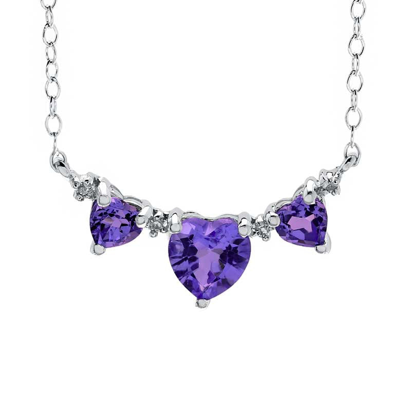 Heart-Shaped Amethyst and Natural Diamond Accent Three Stone Necklace in Sterling Silver