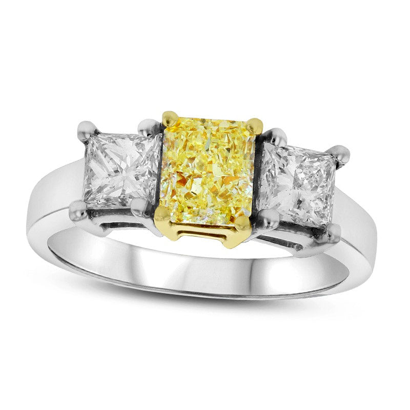 2.88 CT. T.W. Fancy Yellow and White Radiant-Cut Natural Diamond Three Stone Ring in Solid 18K Two-T