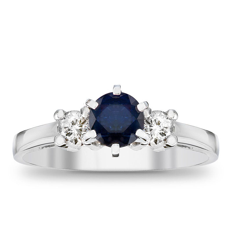 5.0mm Blue Sapphire and 0.20 CT. T.W. Natural Diamond Engagement Three Stone Ring in Solid 14K White