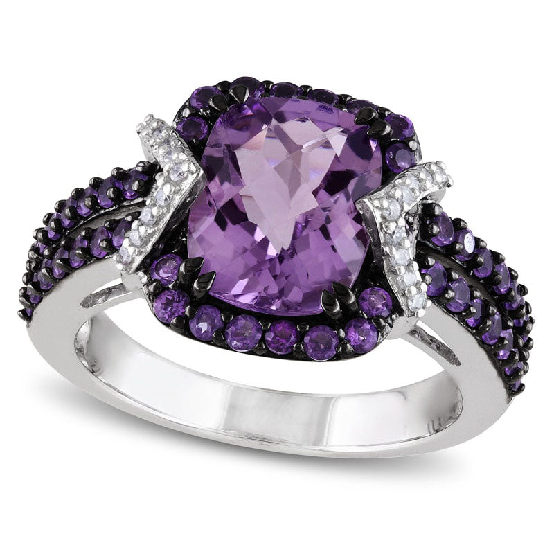 Cushion-Cut Amethyst and 0.17 CT. T.W. Natural Diamond Ring in Sterling Silver with Black Rhodium