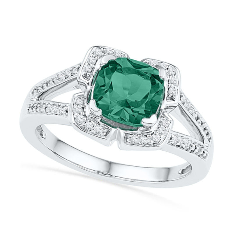 7.0mm Cushion-Cut Lab-Created Emerald and 0.10 CT. T.W. Diamond Frame Ring in Sterling Silver