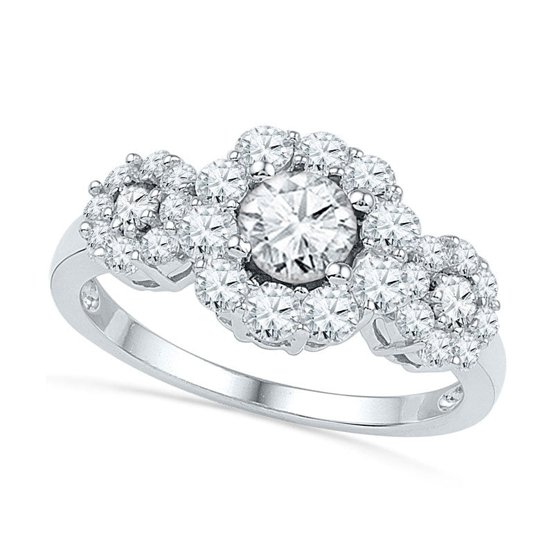 Lab-Created White Sapphire Three Stone Frame Engagement Ring in Solid 10K White Gold